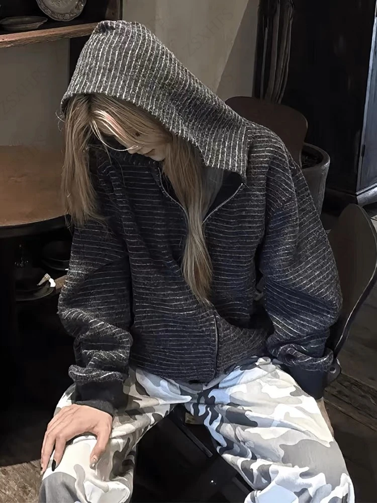 

Винтажная повседневная свободная полосатая толстовка с капюшоном в стиле Харадзюку 2000-х годов, классическая толстовка на молнии с длинными рукавами, женская осенняя мода, куртки Y2k, пальто