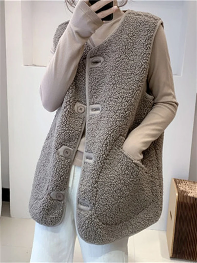 Lamb Wool Vest Female 2022 Spring and Autumn Fur One Loose Plush Korean Version of The Sleeveless Vest Trend Solid Color Commute