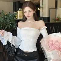 Solid Color Slim Fit Off Shoulder Sexy Women's Chiffon Shirt Sweet Flare Long Sleeved Chic Fashion New Lady Short Tops 8066 - Image 2