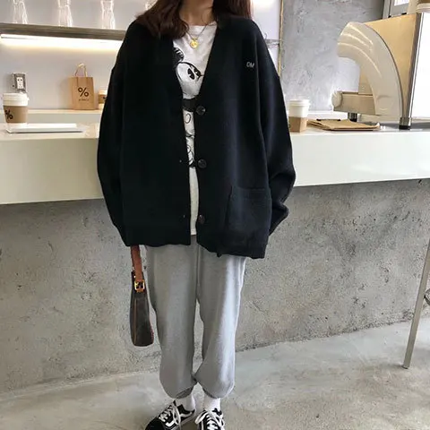 

New South Korea Dongdaemun Loose and Lazy Style V-neck Jacket Women's Thick Knitted Cardigan Top