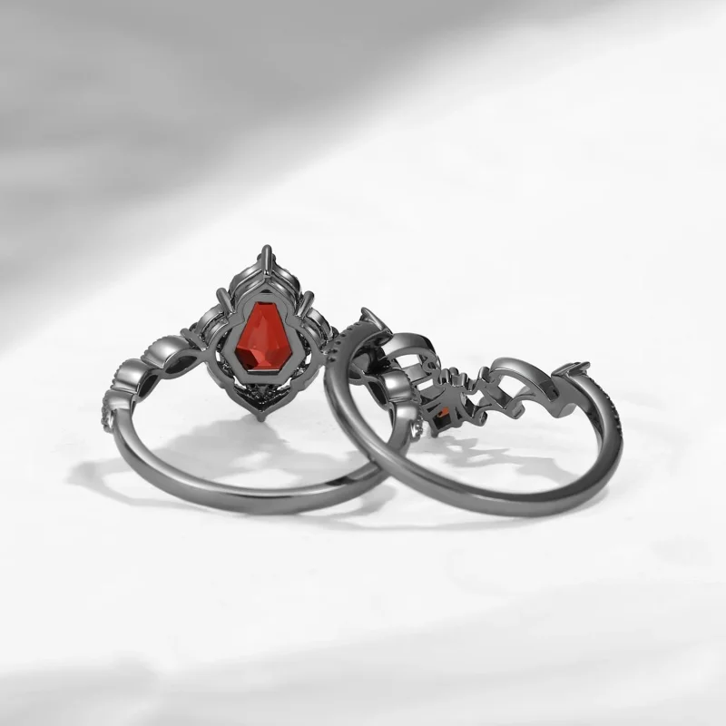 2 Stück/Set Modischer Eingelegter Roter Synthetischer Zirkonia Schwarzer Doppelschichtiger Ring Damen Gothic Täglicher Schmuck Accessoires Geschenke – Detail 3