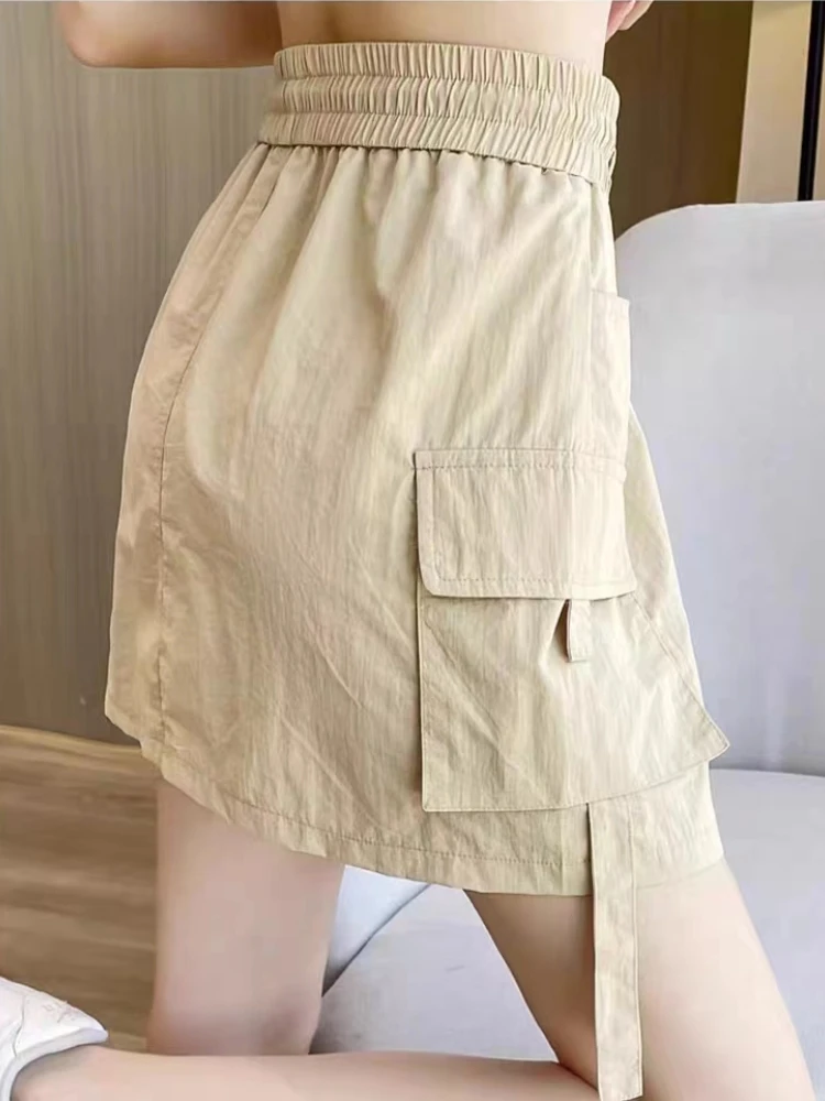 Solid Slim Lace-Up Pockets Casual Mini Skirt Summer Kawaii Office Lady Skirts Spring Korean Fashion Black Faldas Womens Clothing