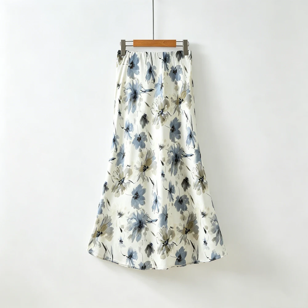 2026 Women's Casual Summer New 93% Natural Mulberry Silk Elastic Satin Slant Cut Commuter High Waist Printed Fish Tail Skirt