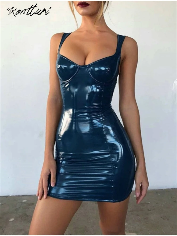 Kontturi Summer Leather Sexy Party Dresses For Women 2024 Fashion Spaghetti Strap Backless Dress Black Bodycon Mini Dress Female