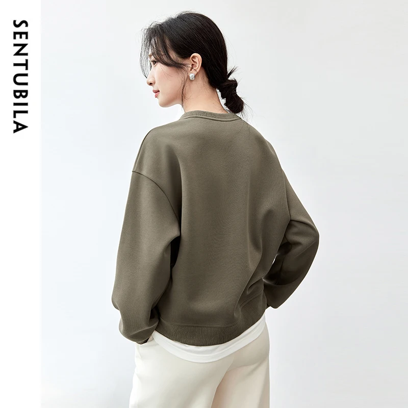 SENTUBILA Cotton Patchwork 2 in 1 Sweatshirt for Women 2024 Autumn Simple Letter Print O Neck Long Sleeve Pullovers 143A55890