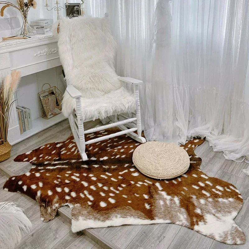 Faux Sika Deer Fur Rugs Imitation Animal Skin Carpet Floor Mat Home Decor Bedroom Bedside Animals Print Mats 110x90cm