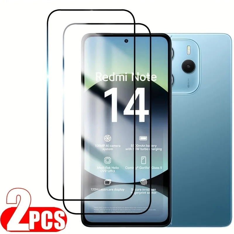 

2Pcs Tempered Glass Screen Protectors Suitable for Redmi Note 14 13 Pro Plus Providing Full Coverage with a Black Border.