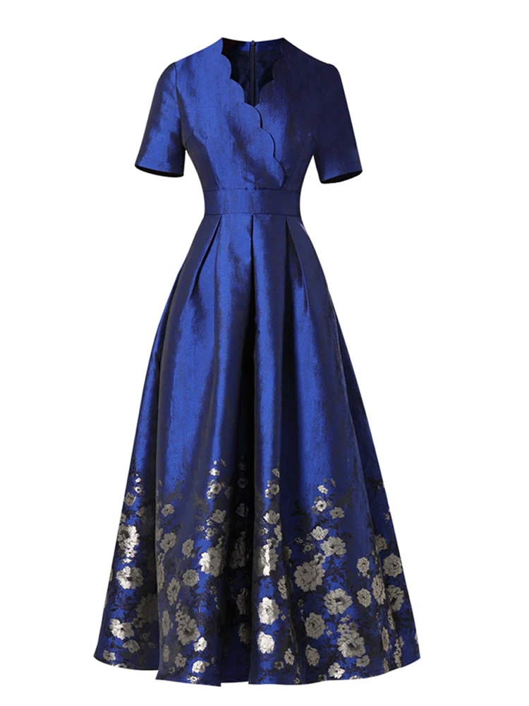 High Quality Elegant Brocade Jacquard Women Long Sleeves Maxi Dress Fashion Blue Floral Ladis Party Fall Autumn Winter Clothing