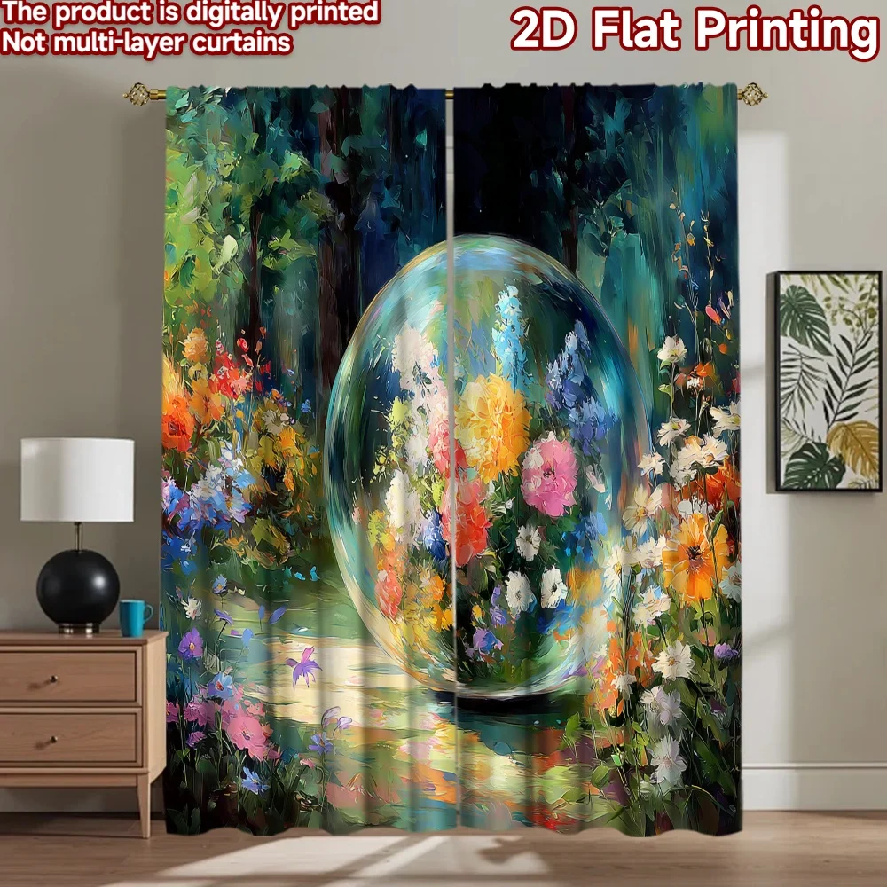 2D flat printing 2pcs Party Curtains Colorful Flowers Glass Sphere Digital Printed Polyester Drapes Seasonal Party & Holiday
