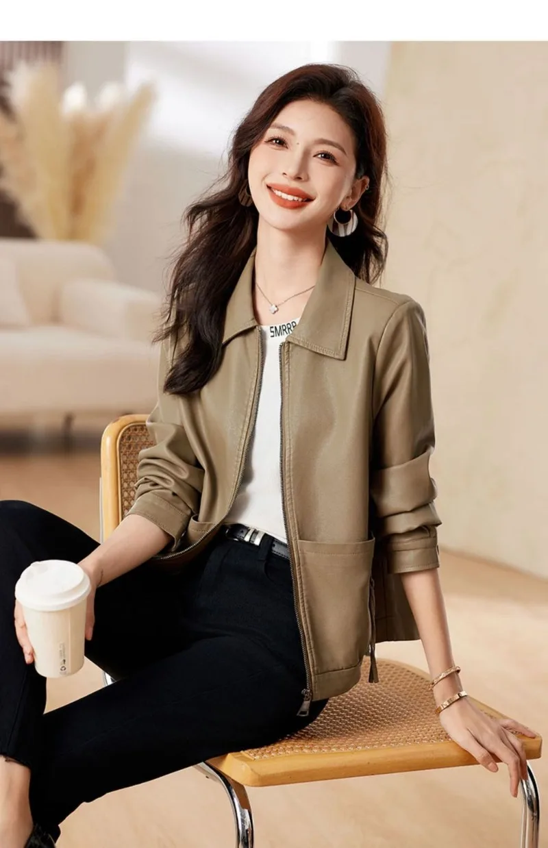 New 2026 Temperament PU Leather Jacket Women's Autumn Lapel Loose Motorcycle Jacket Ladies Casual Female Outwear Overcoat