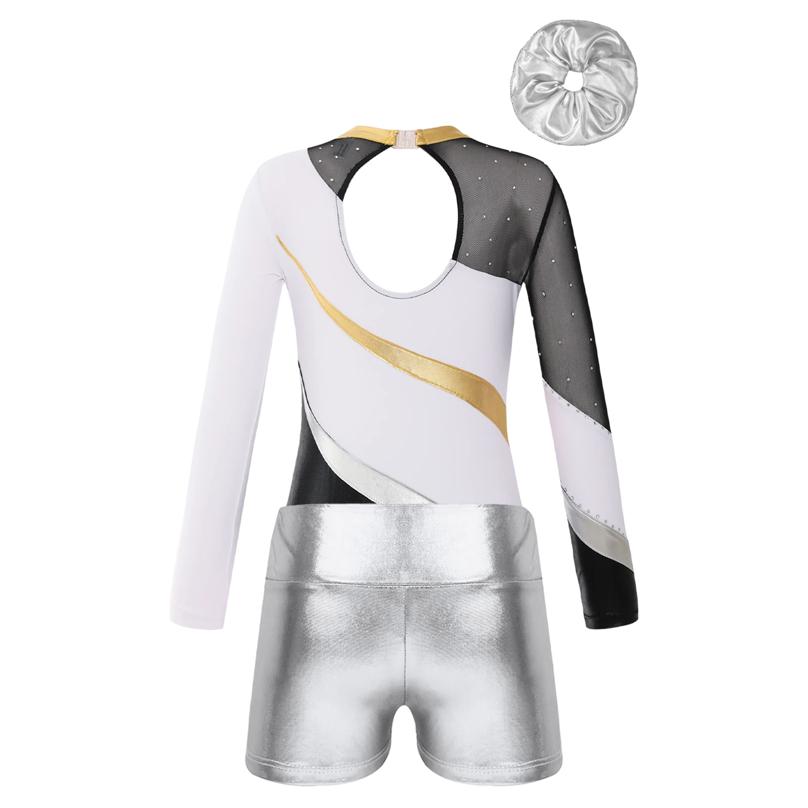 Kids Girls Ballet Dance Set Long Sleeve Gymnastics Leotard with Metallic Shorts Acrobatics Jumpsuits Figure Skating Dancewear