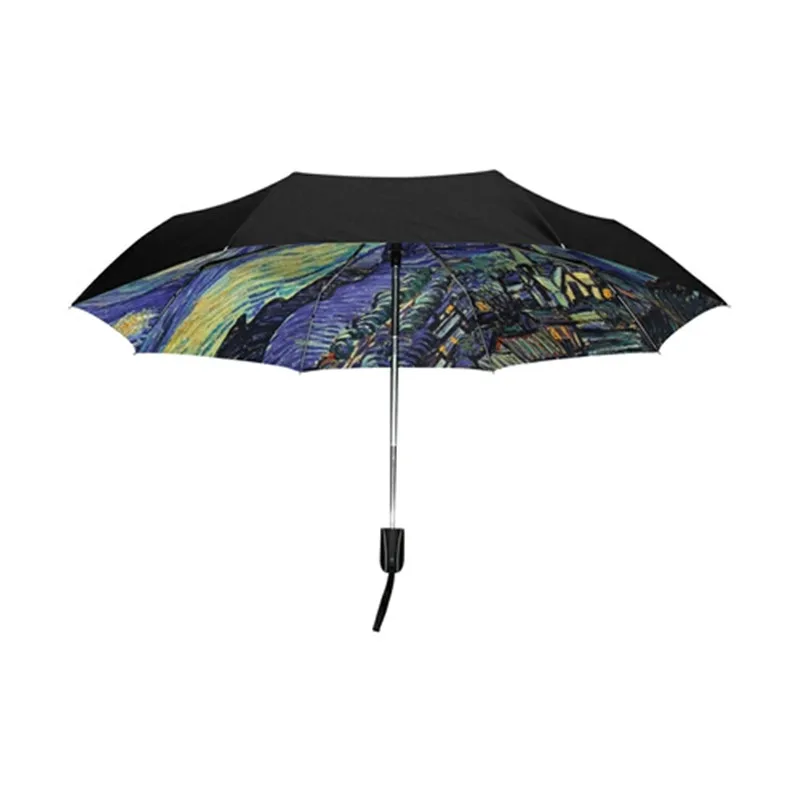 Outer Black Coating Automatic Umbrella Parasol Van Gogh Starry Night Painting Portable Anti-UV Three Folding Umbrella Rain Women