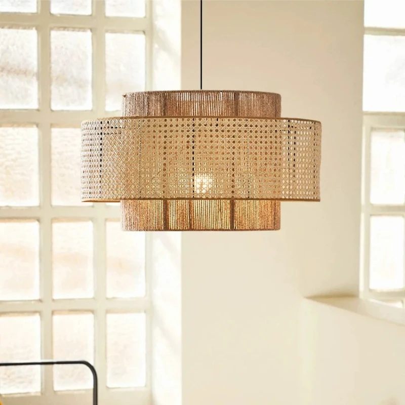 

Japanese Wabi-Sabi Rattan Pendant Lights Handwoven Boho Hanging Lamp Dining Room Cafe Bedroom Adjustable Zen Design Chandelier