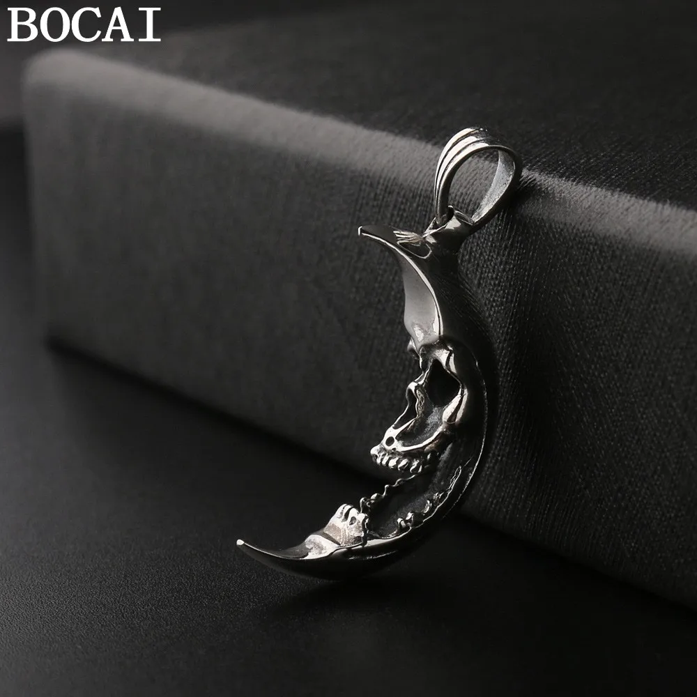 

BOCAI S925 Sterling Silver Gothic Style Trendy Cool Skull Moon Necklace Pendant