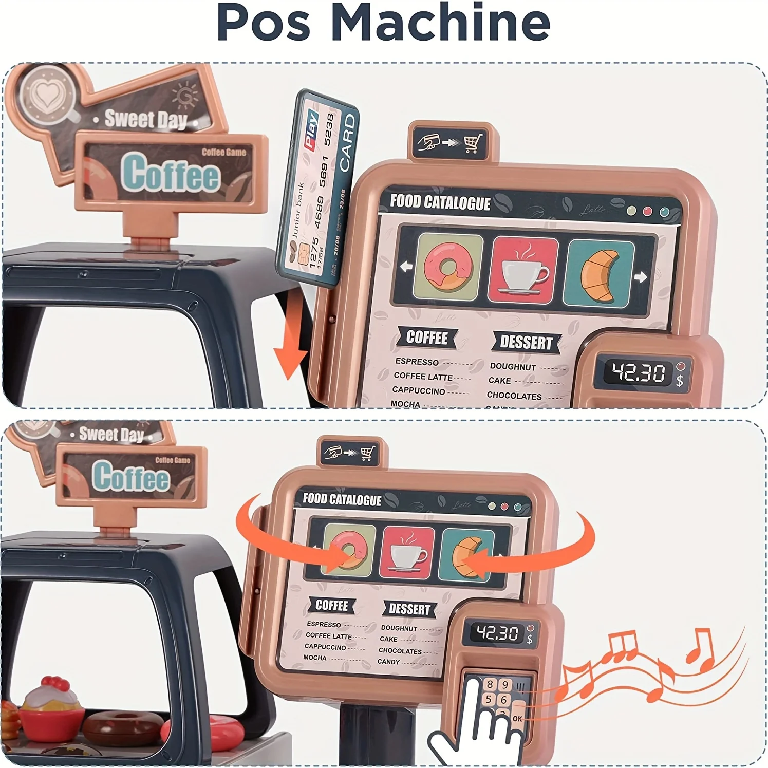 Conjunto de jogo de café, máquina de café de dramatização, caixa registradora interativa com som e luz, acessórios de cozinha