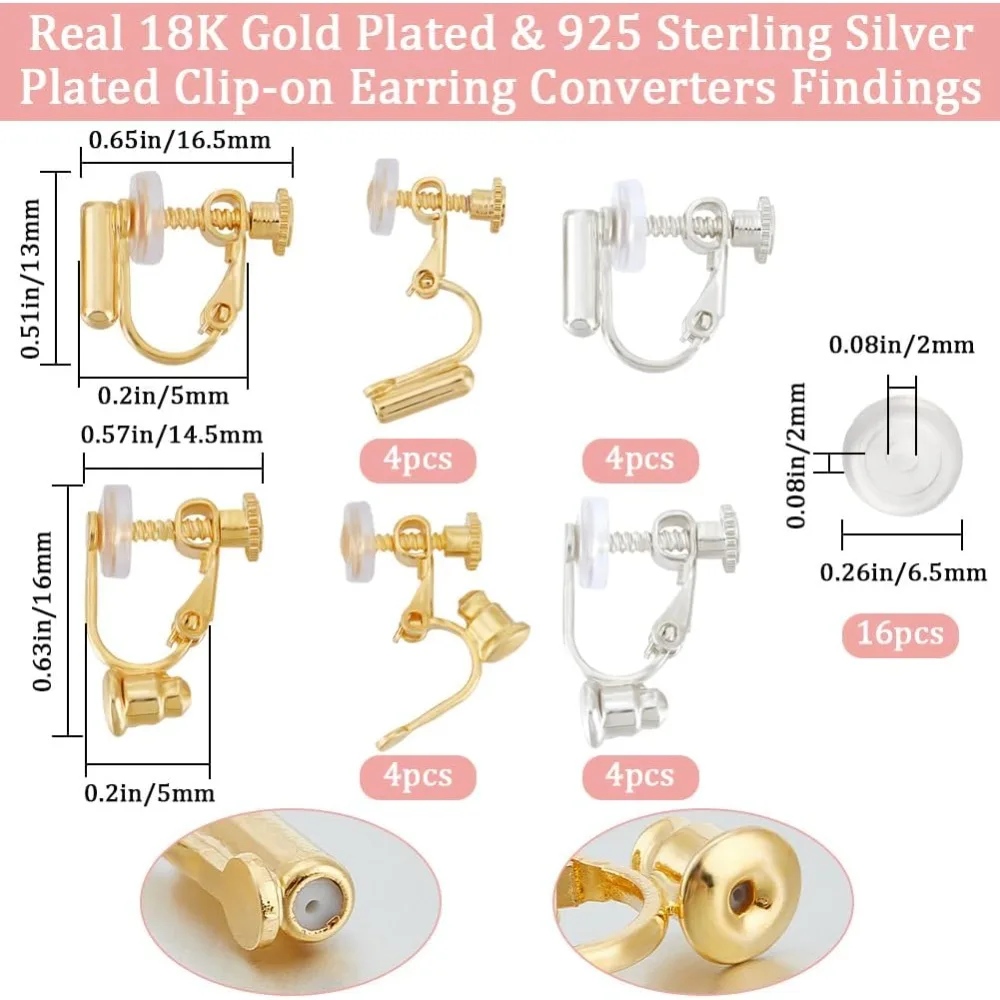 16Pcs Screw Clip-on Earring Converter 18K Gold Plated & 925 Sterling Silver 2 Style Screw Non-pierced Making making kit