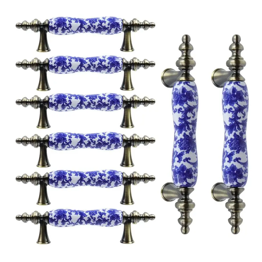 

Керамические ручки для шкафов с 3 отверстиями, 8 шт., с винтами, сине-белый фарфоровый узор, сердцевина из цинкового сплава, универсальные
