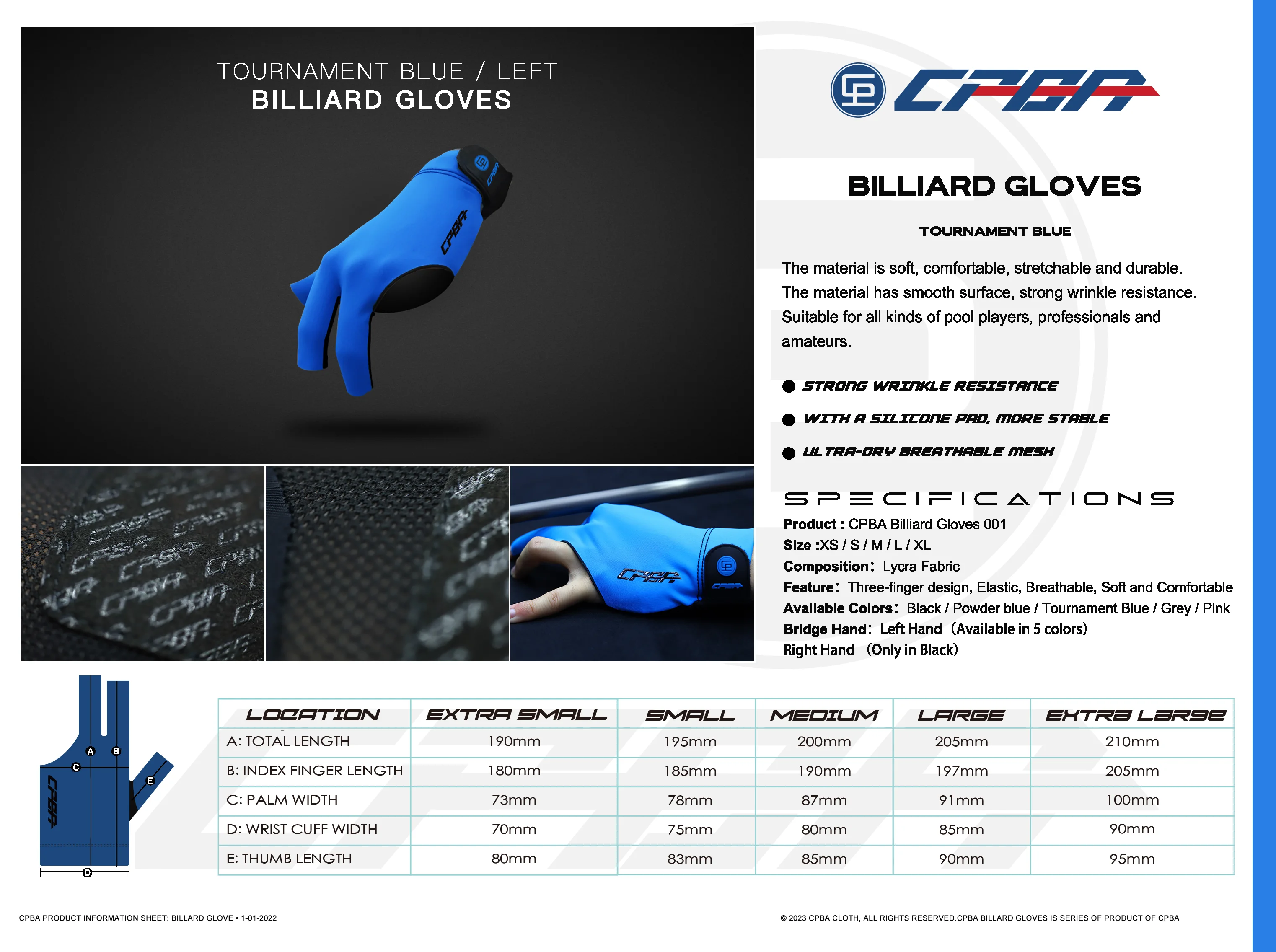Premium Quality High-end CPBA Billiard Glove Varied Color & Size for Select,3 Fingers Tip Exposed Billiard Pool Gloves for Sale