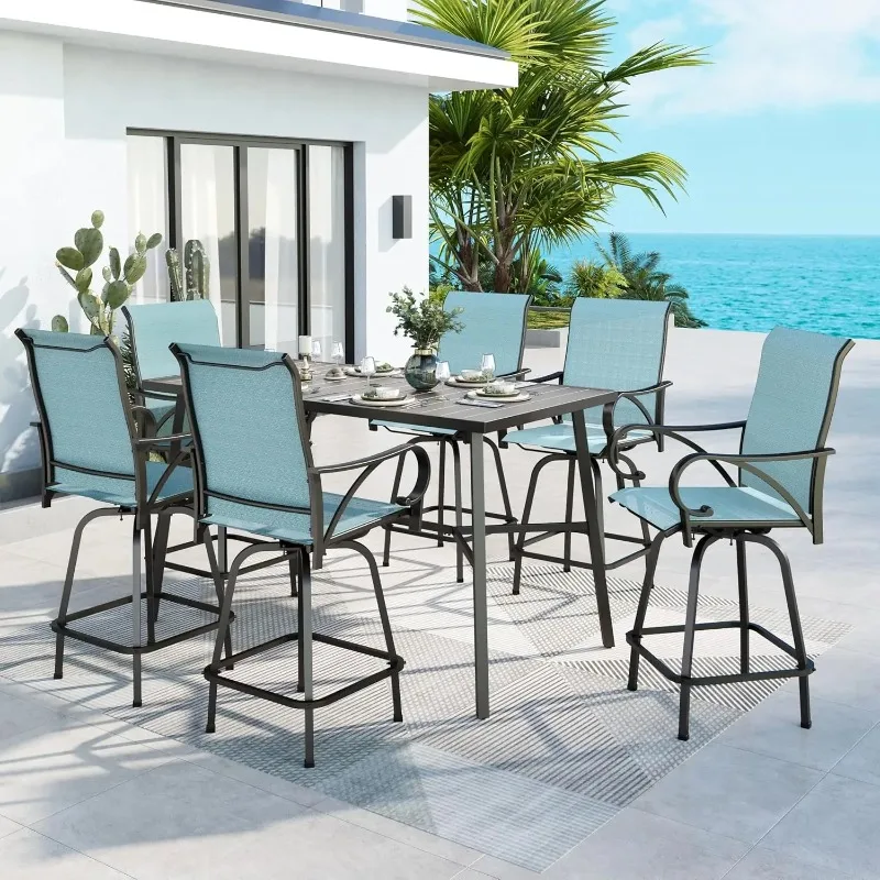 Patio Bar Set of 7, Outdoor Bar Height Table and Chairs, 1 x Heavy Duty Metal Slat High Top Bar Table with 6 x, Customized