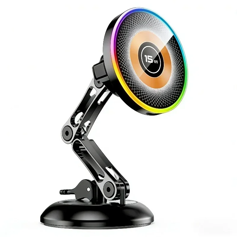 Suporte Magnético para Carro com Carregamento Sem Fio de 15W e Luz RGB 360 °   Suporte de Sucção a Vácuo Rotativo para iPhone 17 16 15 Pro Max