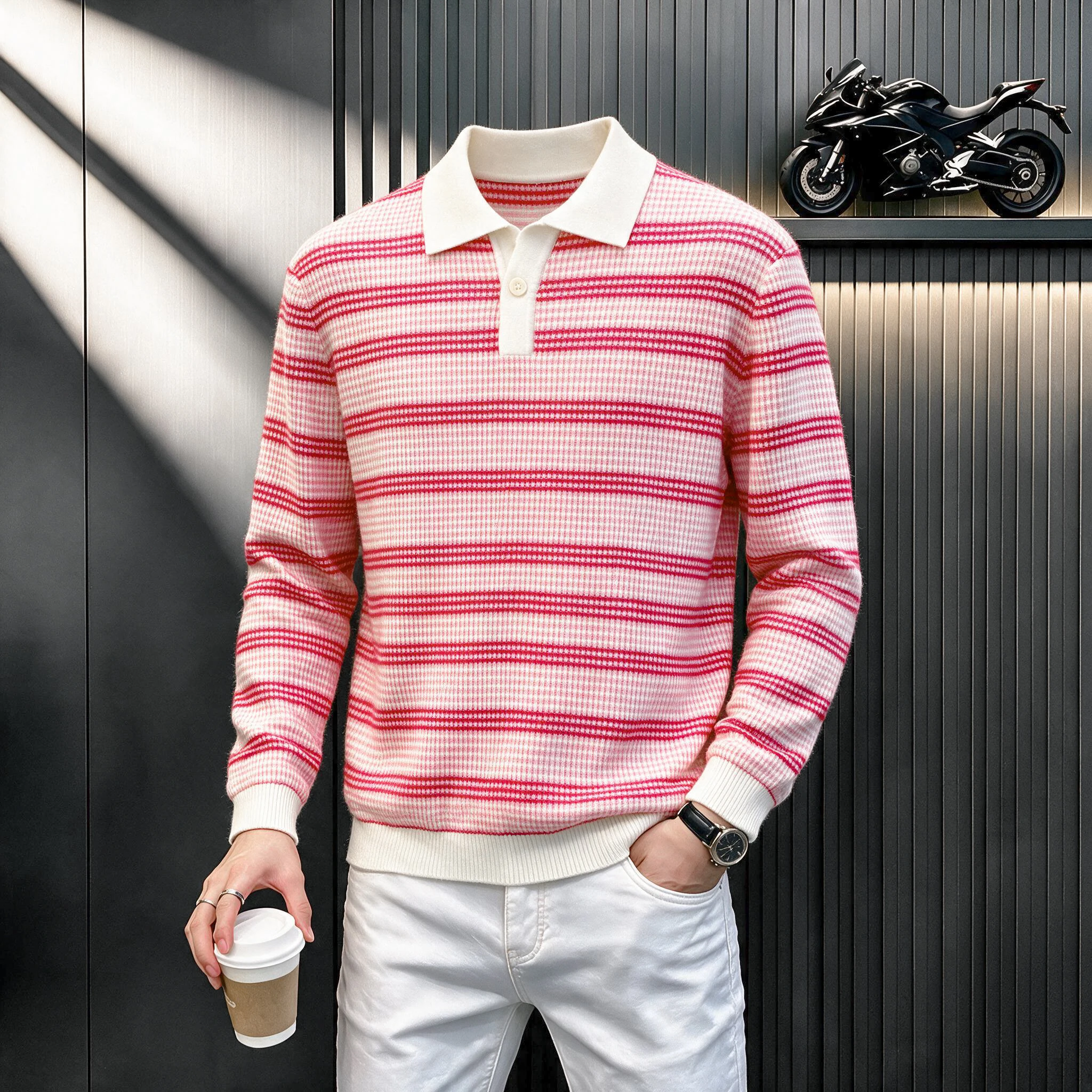 Thick Patchwork Color Sweater Good Men Trendy Striped Warm Knitwear Long Sleeve Wool Blend Clothes Pullover Knitting  Polo  Tops
