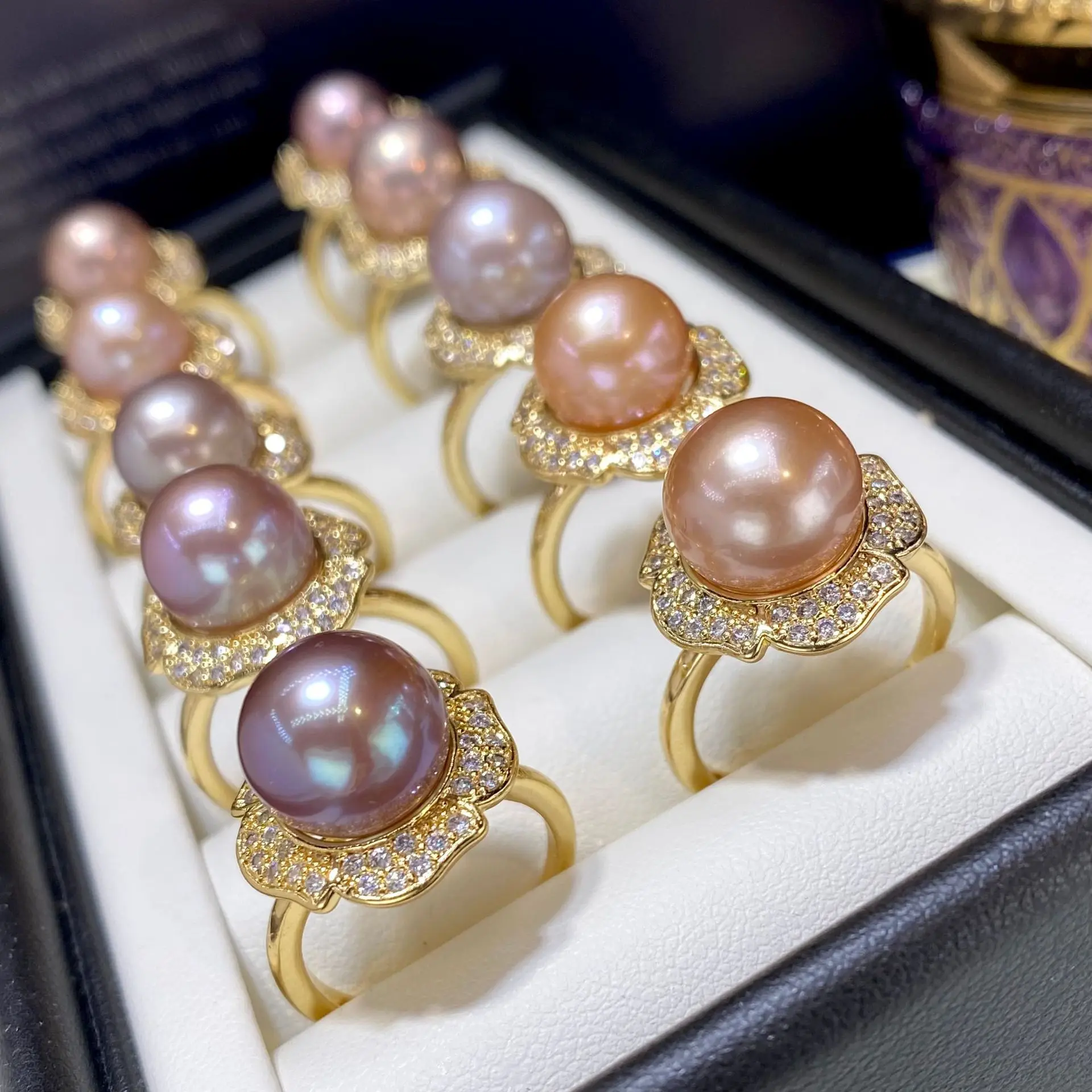 HUGE Purple Ring AAAAA++ 11mm Round Natural Pearl 18K Gold Package Wholesale GIFT BOX