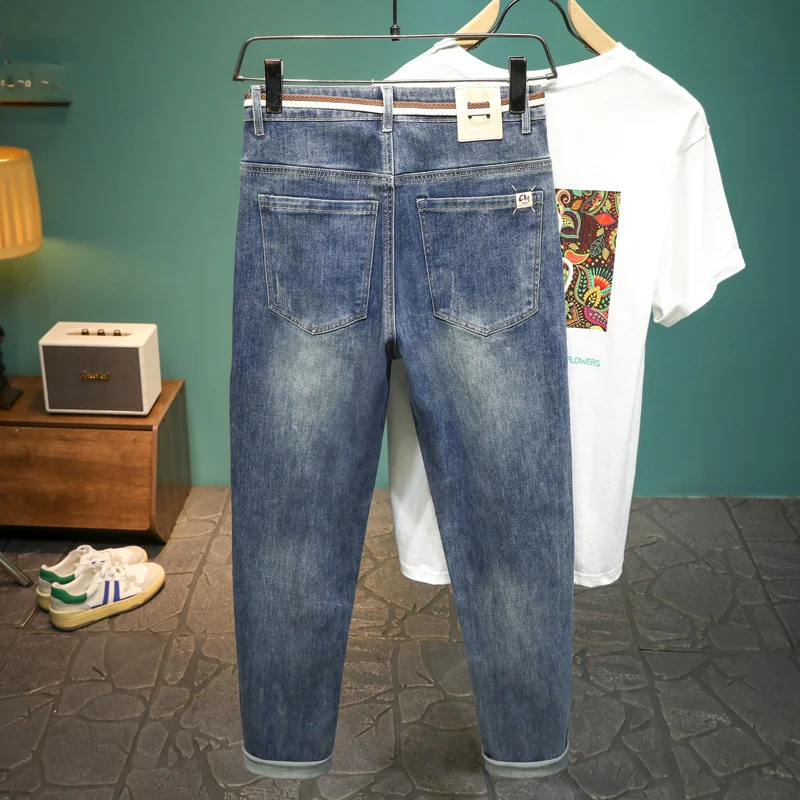 2024 Spring and Summer Retro Blue Ripped Jeans Men's Fashionable High-End Fashion Brand Casual Slim Thin Stretch Trousers