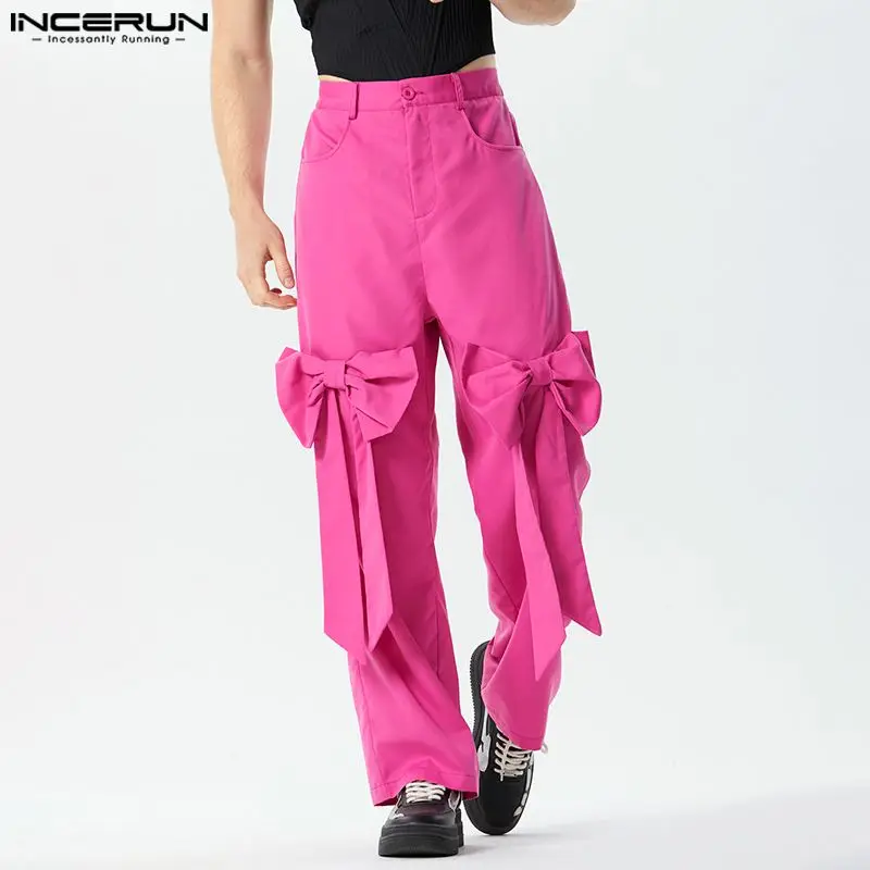 

2024 Men Casual Pants Solid Color Joggers Button Bowknot Straight Trousers Men Streetwear Loose Stylish Long Pants S-5XL INCERUN