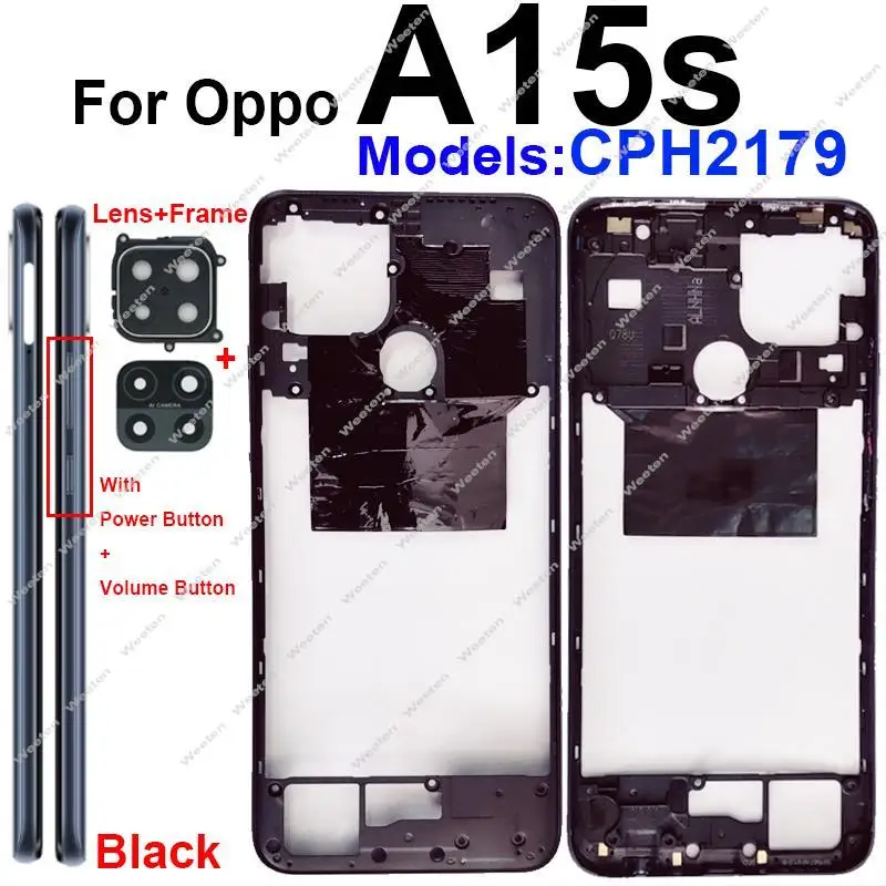 For OPPO A15 A15s Middle Housing Frame Bezel with Side Button Camera Frame Lens Replacement