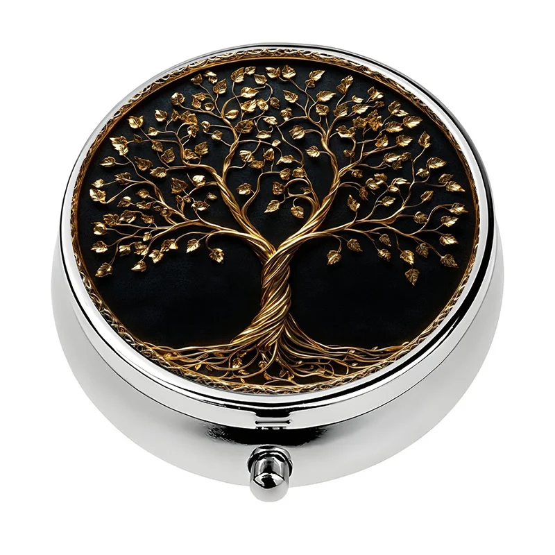 A portable pill box with three compartments, designed with a Tree of Life motif. This compact pill box is perfect for storing pills and vitamins during travel or for daily use, making it a thoughtful gift.