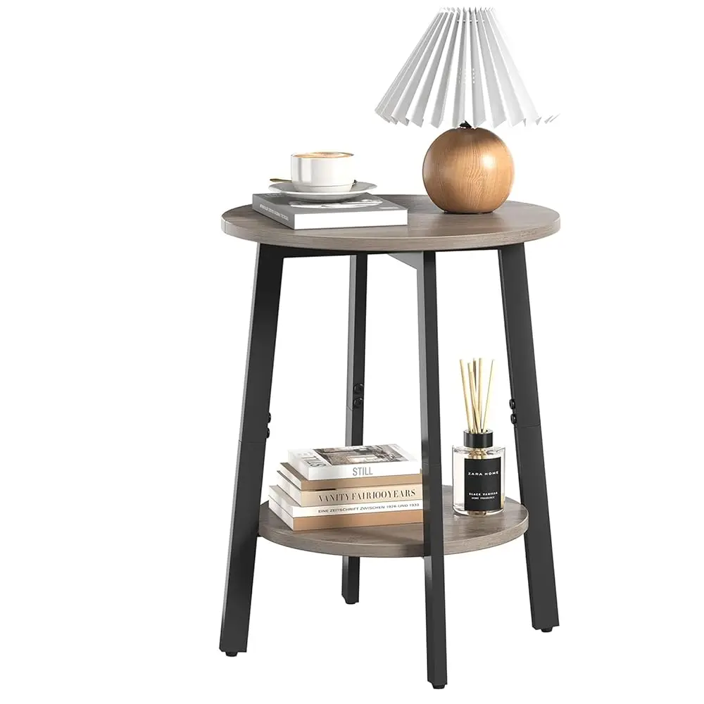 Side Table, Small Round End Table With Storage Shelf For Small Space, 2-Tier Small Bedside Table Sofa Couch Table, Round Accent