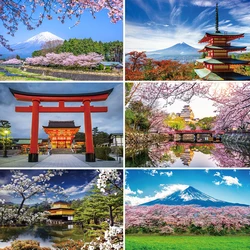 Laeacco Mount Fuji Backdrop Pink Cherry Blossoms Japanese Torii Shrine Natural Scenery Living Room Decor Photography Background