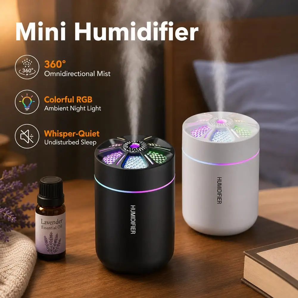 Mini Car Air Humidifier Portable Essential Oil Diffuser RGB Ambient Light Quiet Cool Mist Maker For Home Bedroom Office