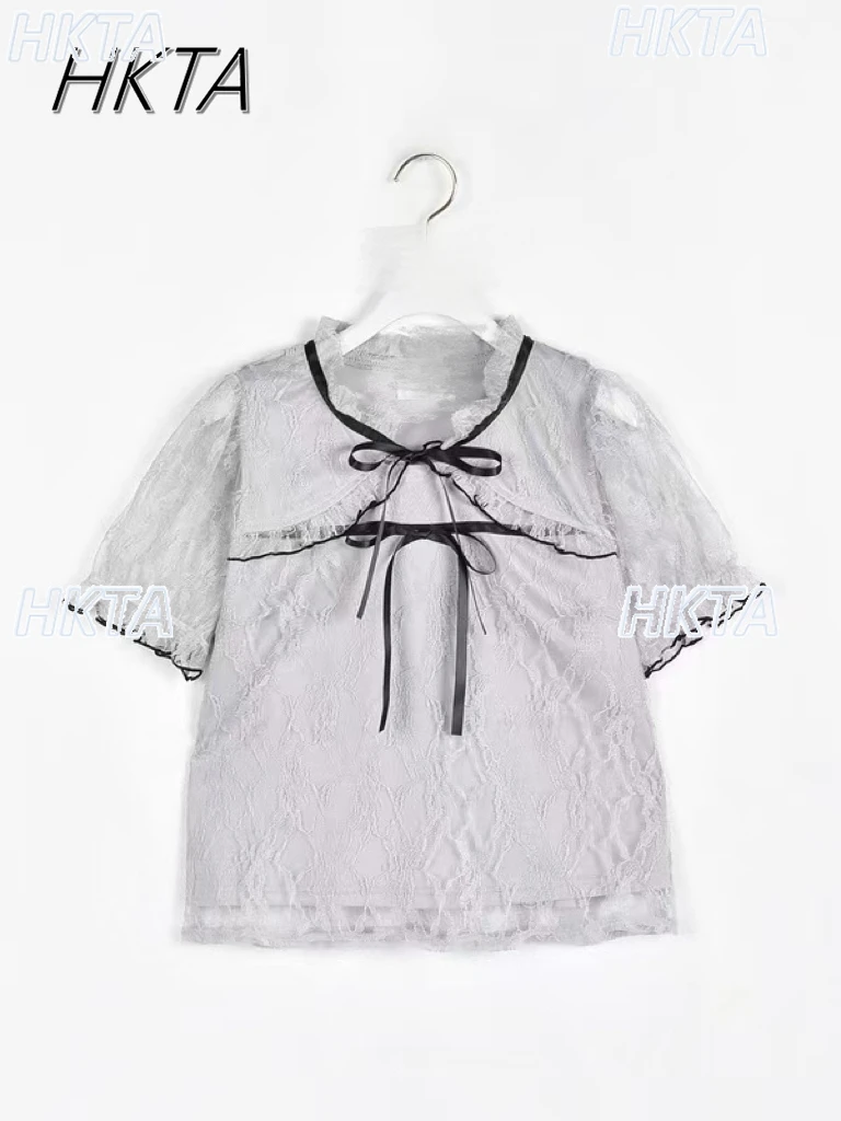 Estilo japonés agradable arco encaje hasta encaje hueco Tops camisa mujeres desplazamientos versátil cuello redondo manga corta blanco rosa camiseta