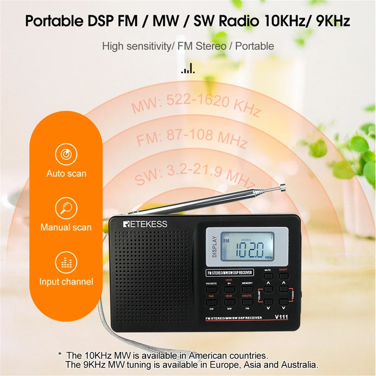 Household Portable Fullband Radio FM Stereo/MW/SW 10KHz DSP World Band Receiver with LCD Display Timing Alarm Clock Black Radios