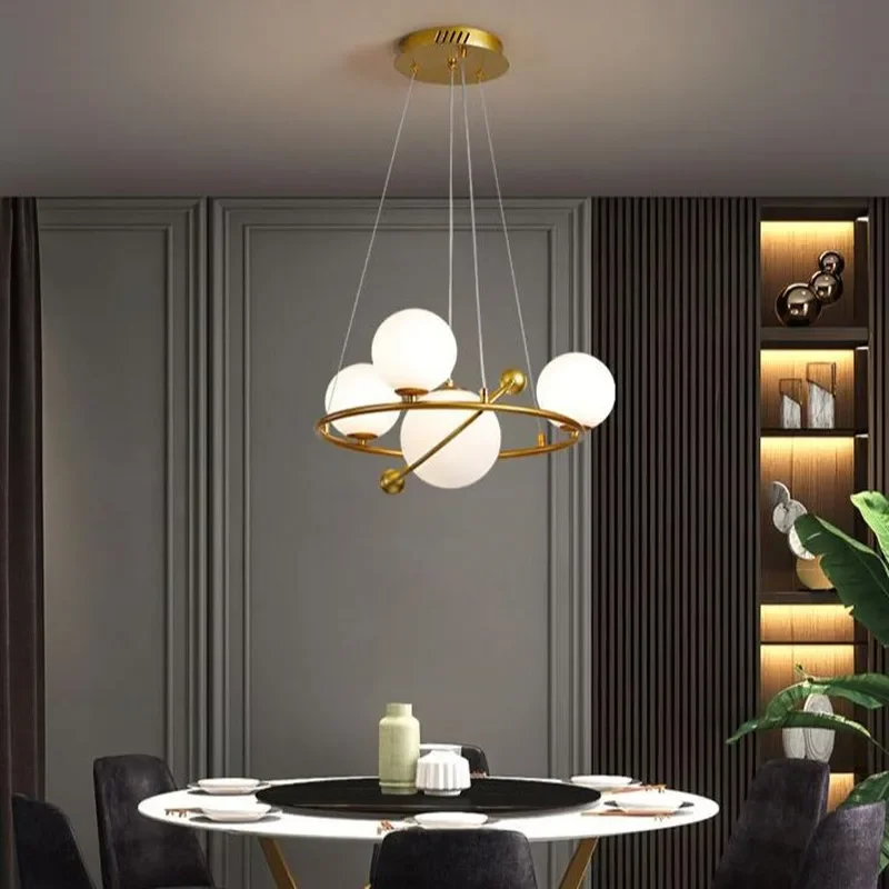 Imagem -05 - Modern Nordic Led Chandelier Lâmpada Pingente Golden Round Ring Sala de Estar Cozinha Jantar Quarto Bola de Vidro Pendurado Luz