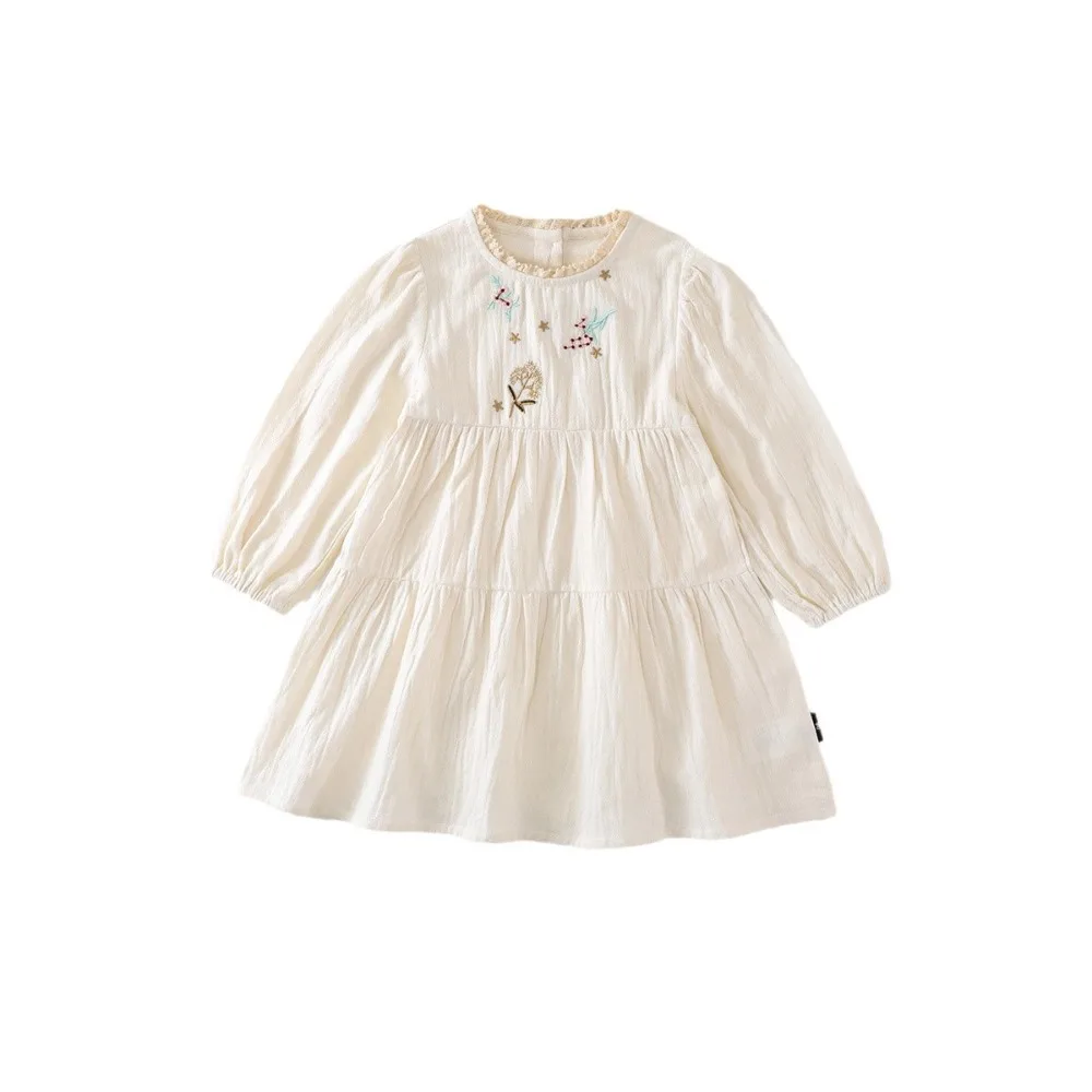 

Embroidered Flowers Lace Princes Dress Pleated Loose Girls Long Dress A-line Sweet Children Long Sleeved Dress Holiday