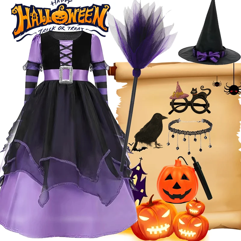 2026 Kids Girls Halloween Character Witch 2Pcs Costume Long Sleeve Layered Tulle Dress with Hat for Holiday Theme Party