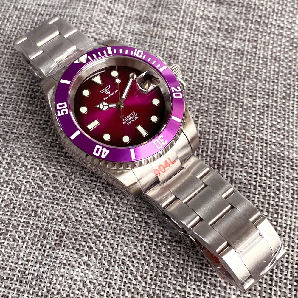 200M Diving Tandorio 40mm NH35A Mechanical Watch Men Lume Purple Sunburst Dial Alloy Insert Sapphire Stainless Steel Bracelet