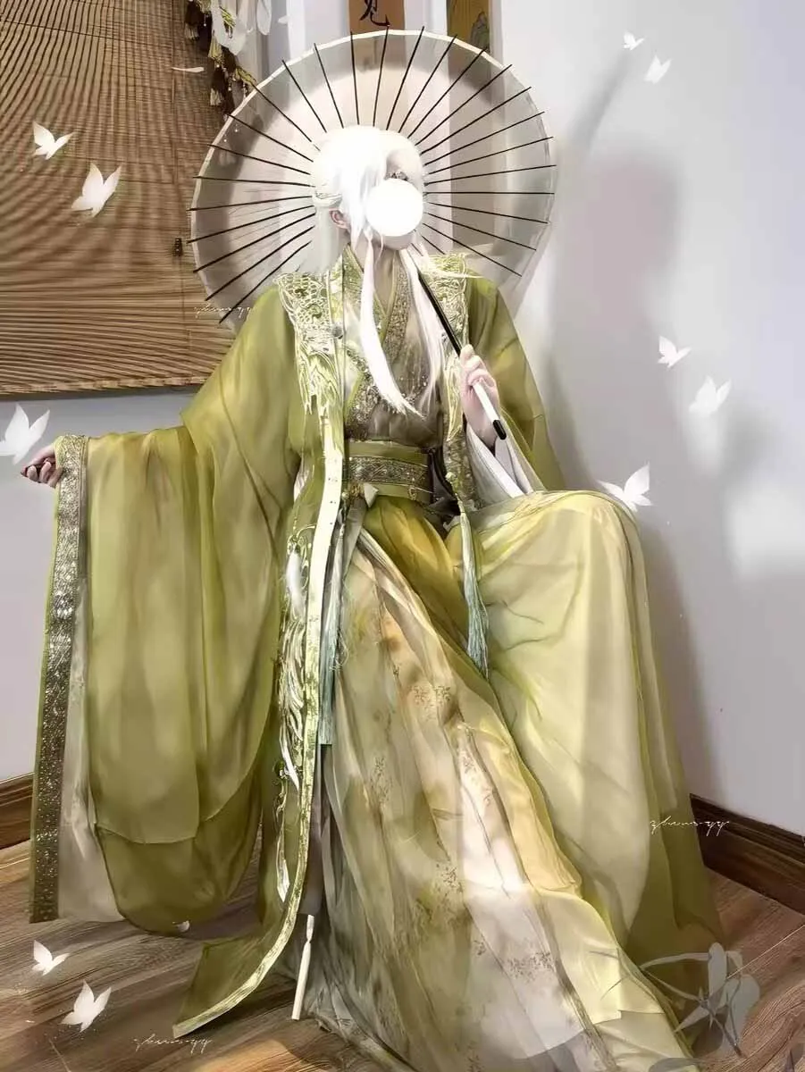 Wuxia Swordsman Hanfu Outfit Men  Gradient Yellow Embroidery Wide Sleeve Robe Fairy Cosplay Costume Traditional Tang Suit Women view 3