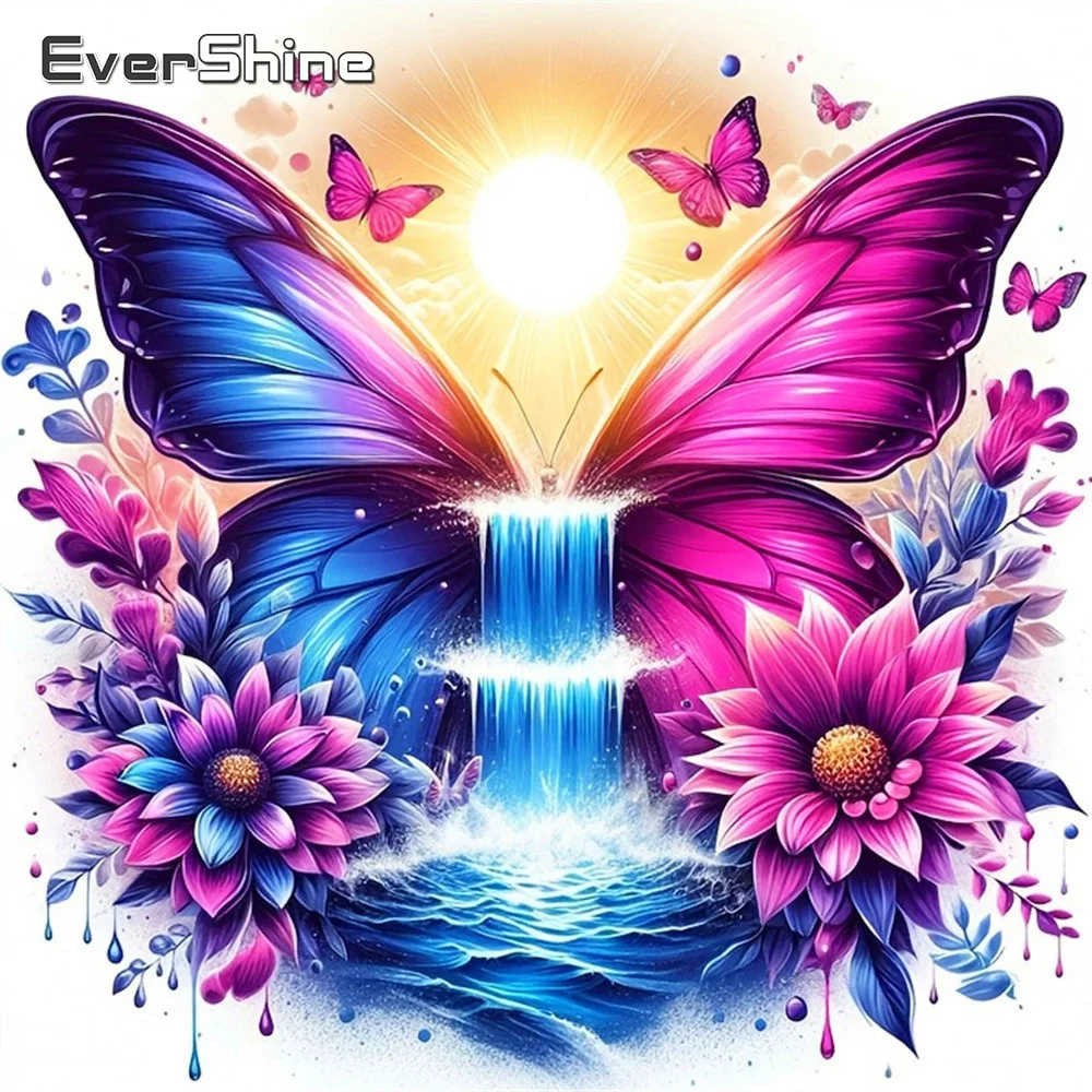 Evershine Voll-Diamant-Mosaik-Wasserfall-Landschaftsbild mit Schmetterlingen, Strass-Stickerei, Blumen, einzigartiges Geschenk