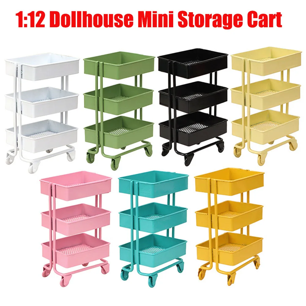 1:12 Dollhouse Miniature Mini Storage Cart Miniature Bookshelf with Wheels Kitchen Bedroom Furniture Display Stand Book Organize