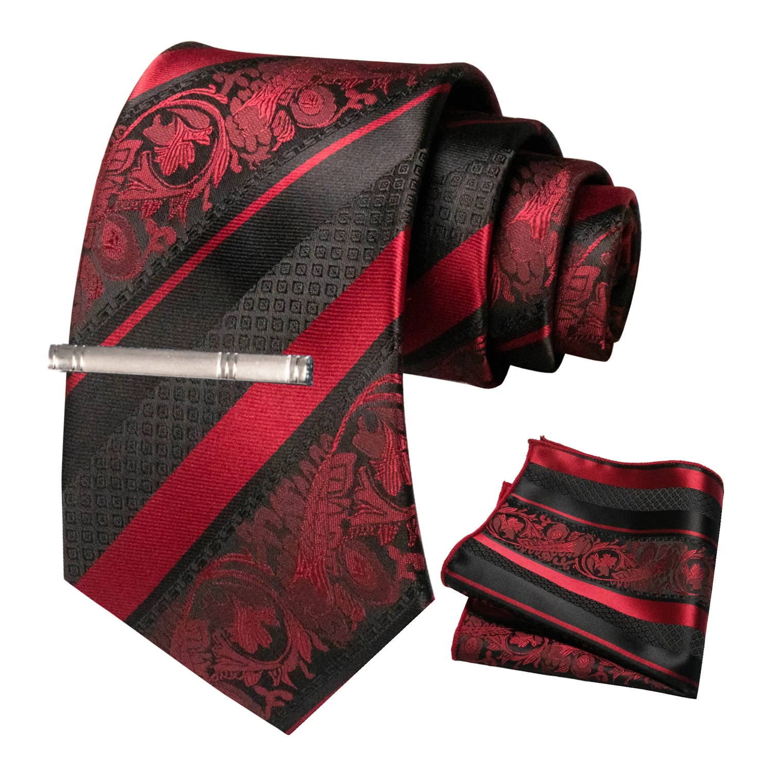 Klassische Herren-Krawatte mit Blumenmuster, 8 cm, Seidenkrawatten-Set, Einstecktuch, Krawattenklammer, Business-Anzubehör, Bräutigam-Hochzeitskrawatte – Detail 7