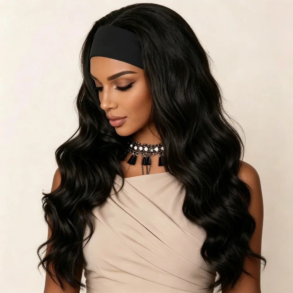 Women 28 Inch Long Black Wavy Synthetic Headband Wig Body Wave Realistic Daily & Party Wig