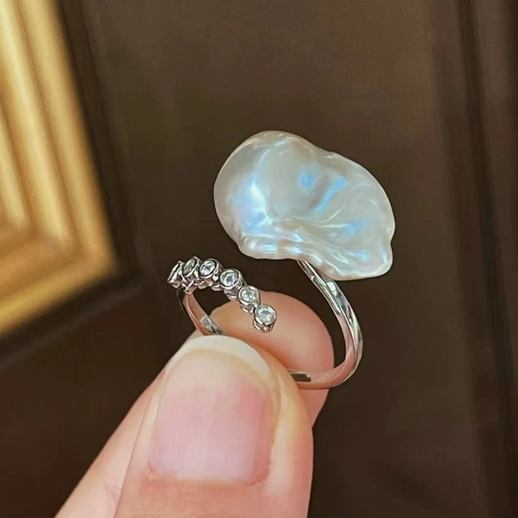 

Fashion diamond inlaid ring AAA grade 15-20mm natural South Sea Baroque pearl adjustable buckle 925s