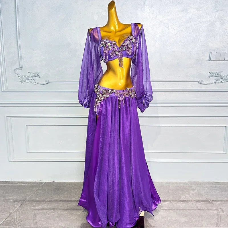 Costume de Performance Professionnelle pour Femme, Ensemble de brevdu Ventre, Personnalisé, Soutien-Gorge en Diamant de Luxe, Jupe Longue Fendue à Pompon, 2 Pièces