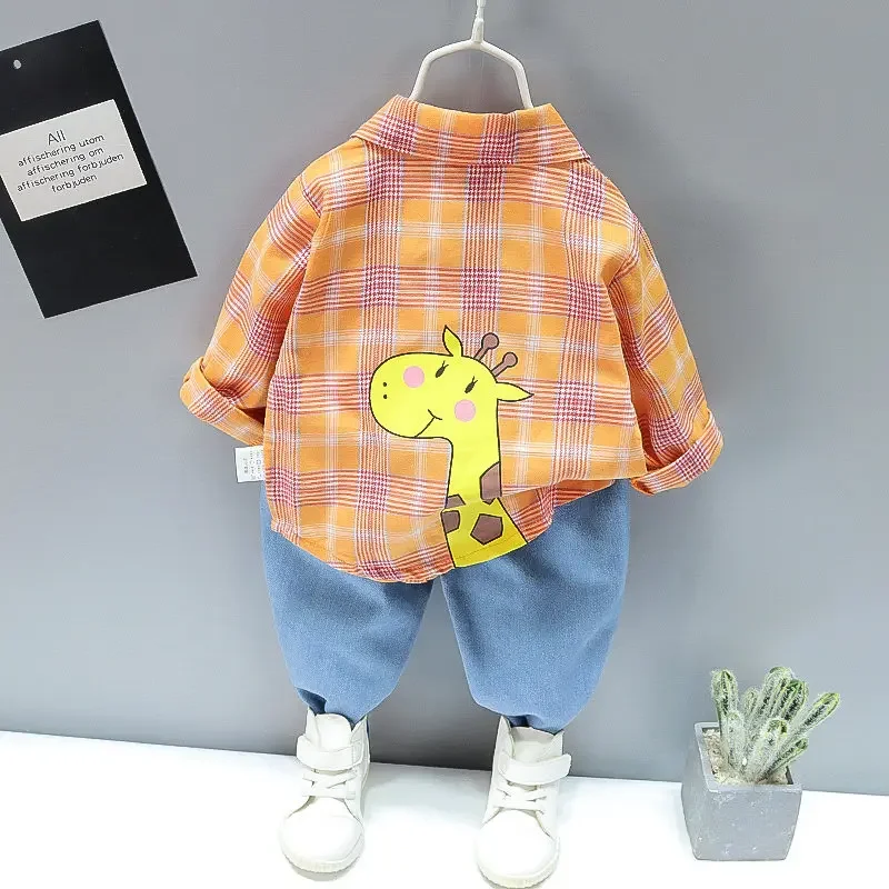 Autumn Spring Kids Boy Fashion Cartoon Clothing Set Kid Suits Set Plaid Shirt Pants 2pcs/set Children Clothes Set 1 2 3 4 5 Year