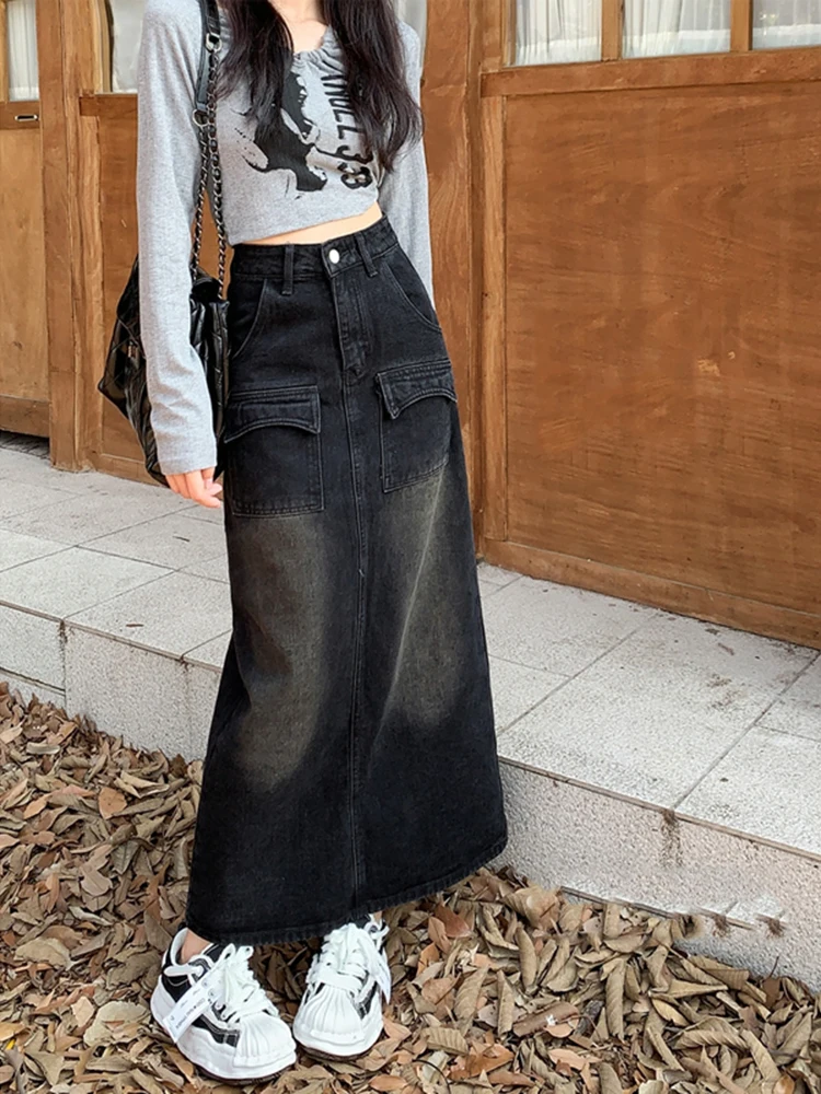 

Retro Denim Skirt for Women Fall Fashion High Waist Mid Length Half Skirt Casual Style Daily Party