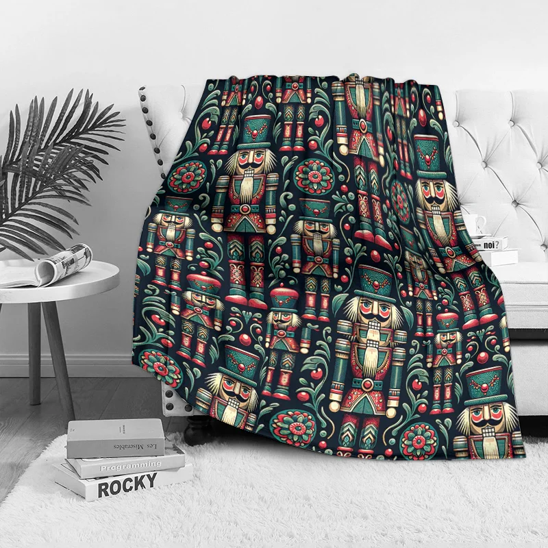 Vintage Nutcracker Fleece Blanket, Embroidered Soldier Design with Berry Vine Pattern, Elegant Christmas Throw for Sofa Decor