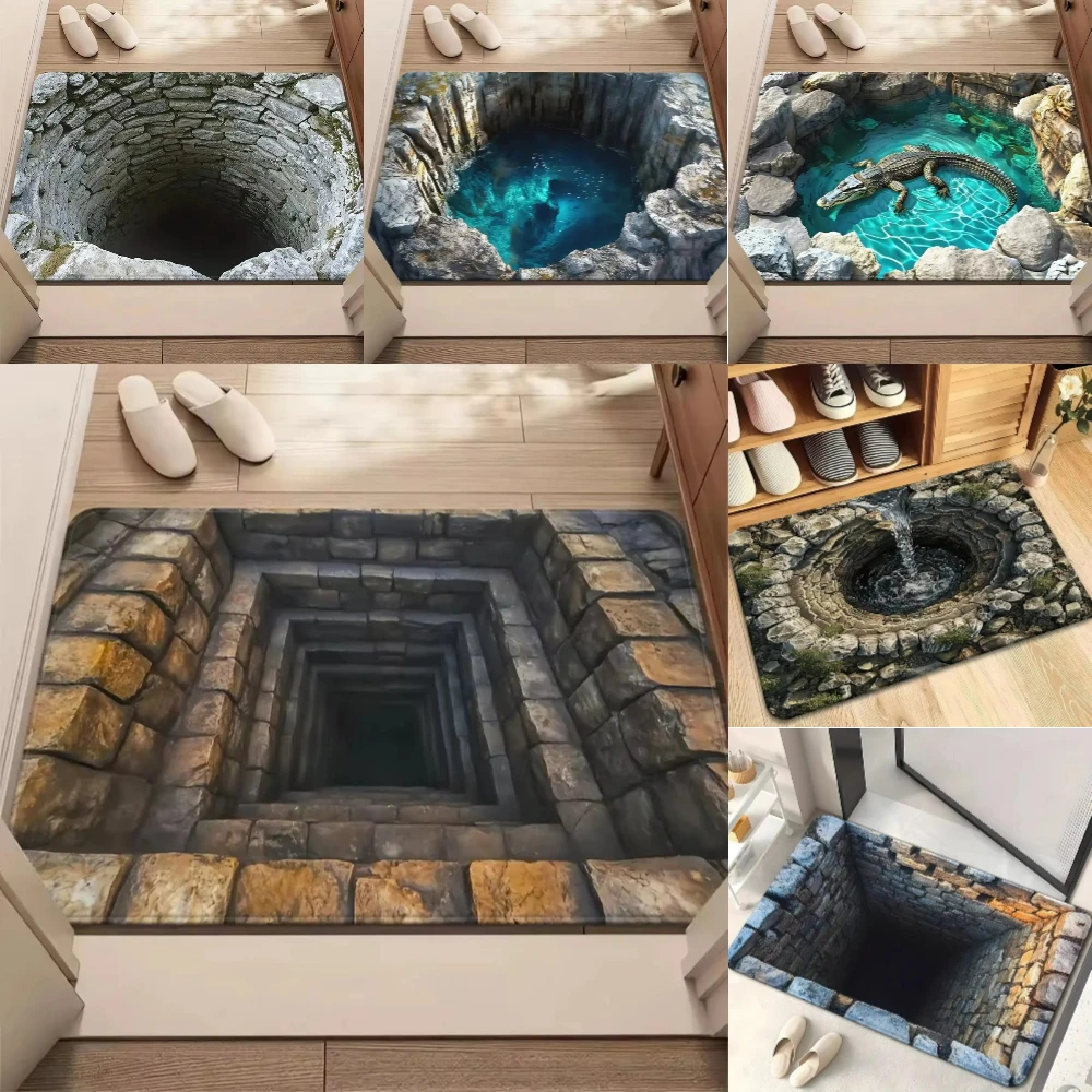 3D Visual Illusion Welcome Rug Doormat Deep Pit Trap Well Print Floor Mat Living Room and Bedroom Entry Foot Mat Fun Home Decor